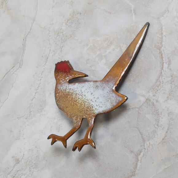 Enamel on Copper Bird Pin, Roadrunner Enameled Brooch, Unisex Lapel Pin 2.5" - Picture 2 of 8